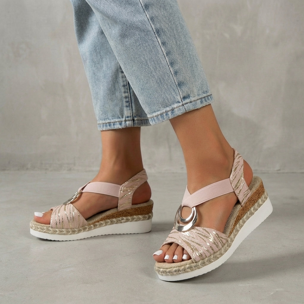 Metal Accent Slingback Wedge Sandals with Textured Cross Straps