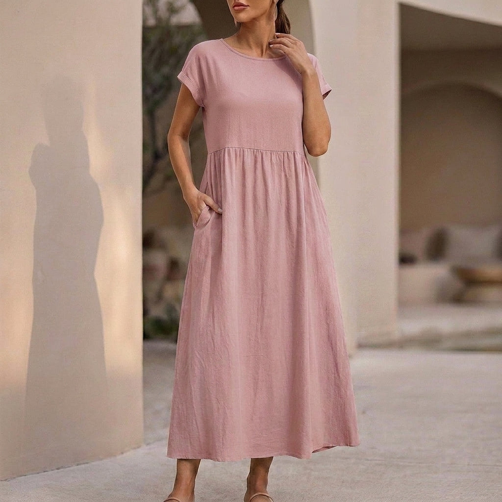 Relaxed-Fit Midi Dress with Gathered Waist and Pockets