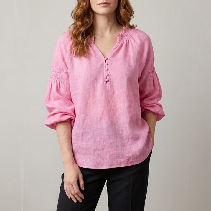 Relaxed Peasant Blouse with Gathered Neckline and Balloon Sleeves