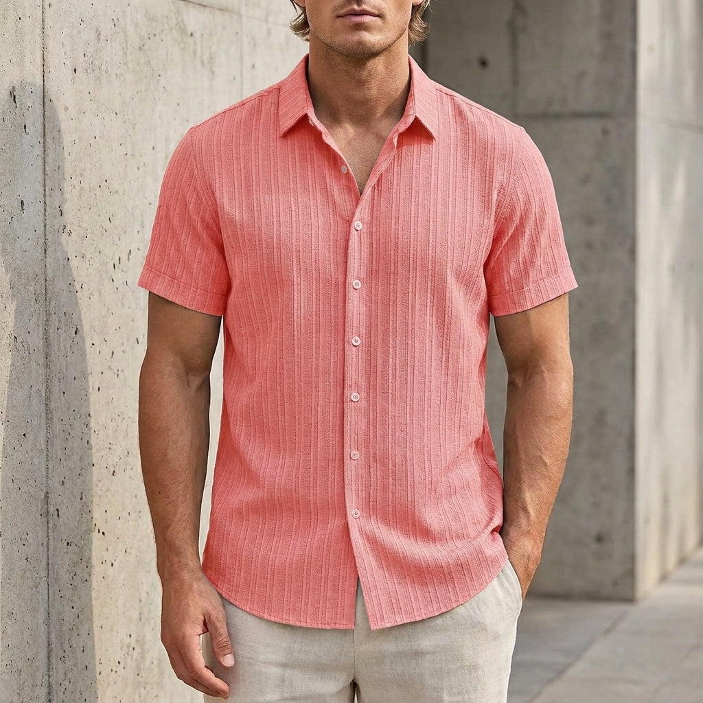 Relaxed Fit Short Sleeve Shirt with Fine Vertical Rib Texture