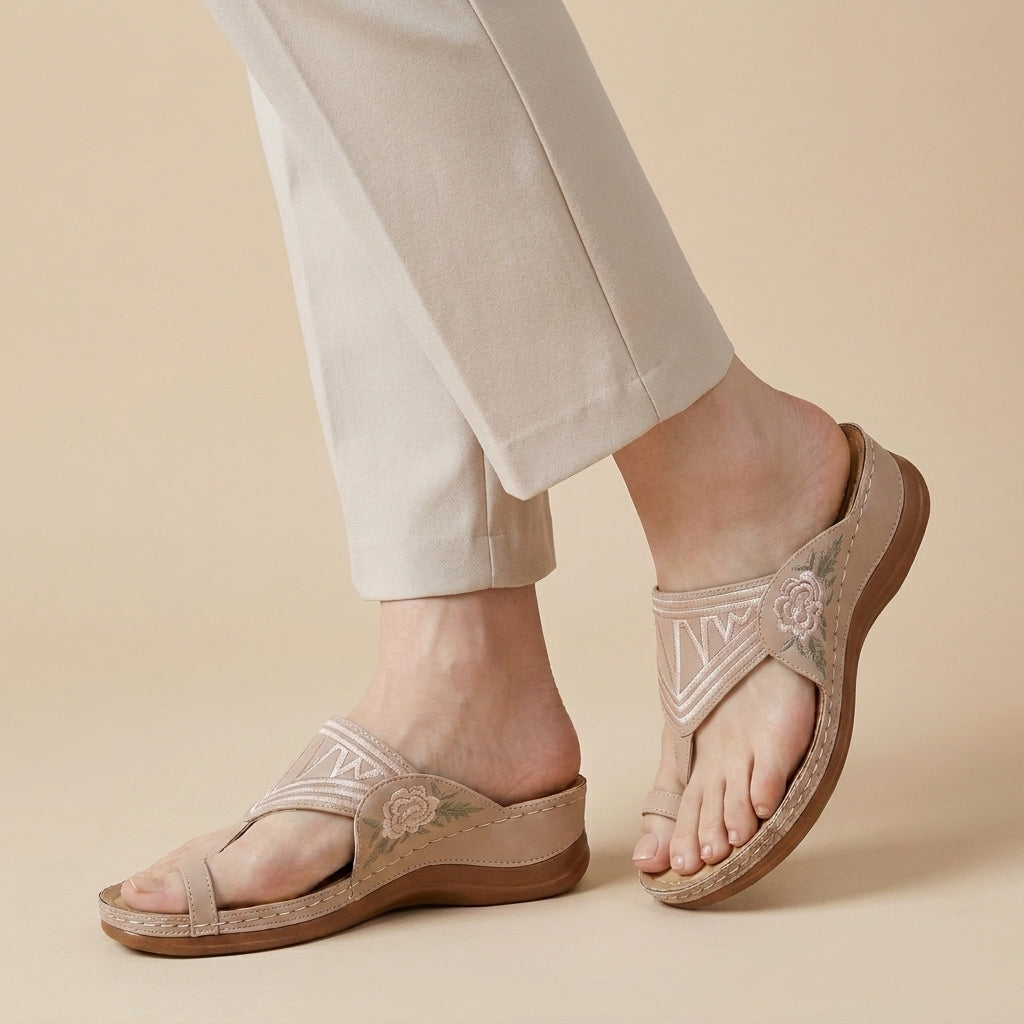 Embroidered T Strap Comfort Sandals with Supportive Wedge Sole
