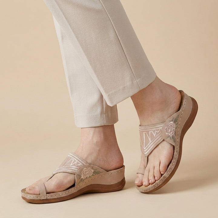 Embroidered T Strap Comfort Sandals with Supportive Wedge Sole