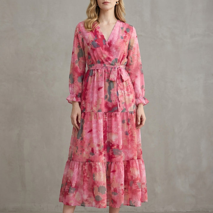 Watercolor Floral Wrap Midi Dress with Tiered Skirt and Waist Tie