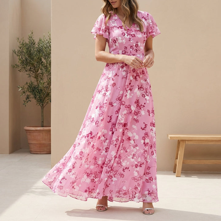 Chiffon A-Line Maxi Dress with V-Neck and Flutter Sleeves for Special Occasions