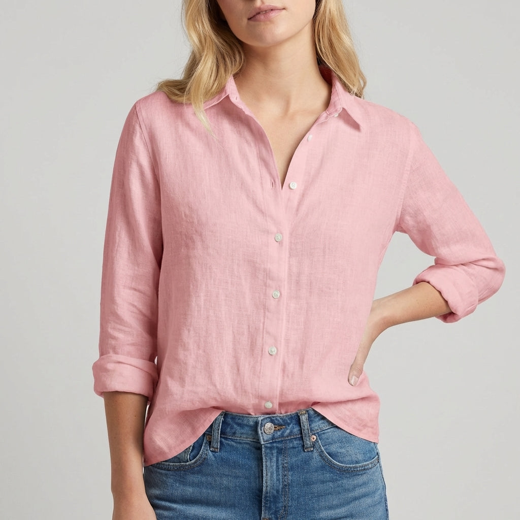 Relaxed Button-Up Blouse with Soft Collar and Rolled Sleeves