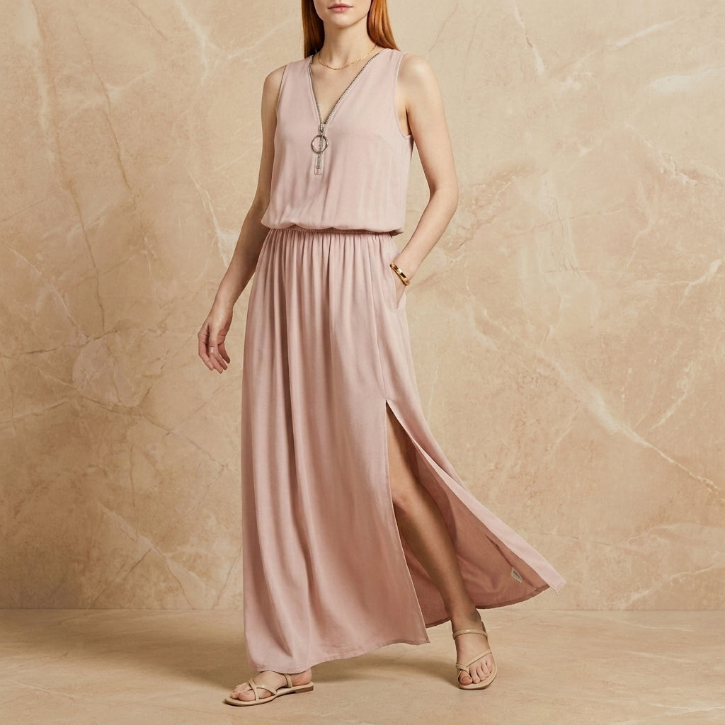 Flowing Sleeveless Maxi Dress with Zip Neckline and Side Slit Detail