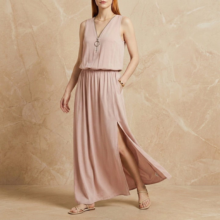 Flowing Sleeveless Maxi Dress with Zip Neckline and Side Slit Detail