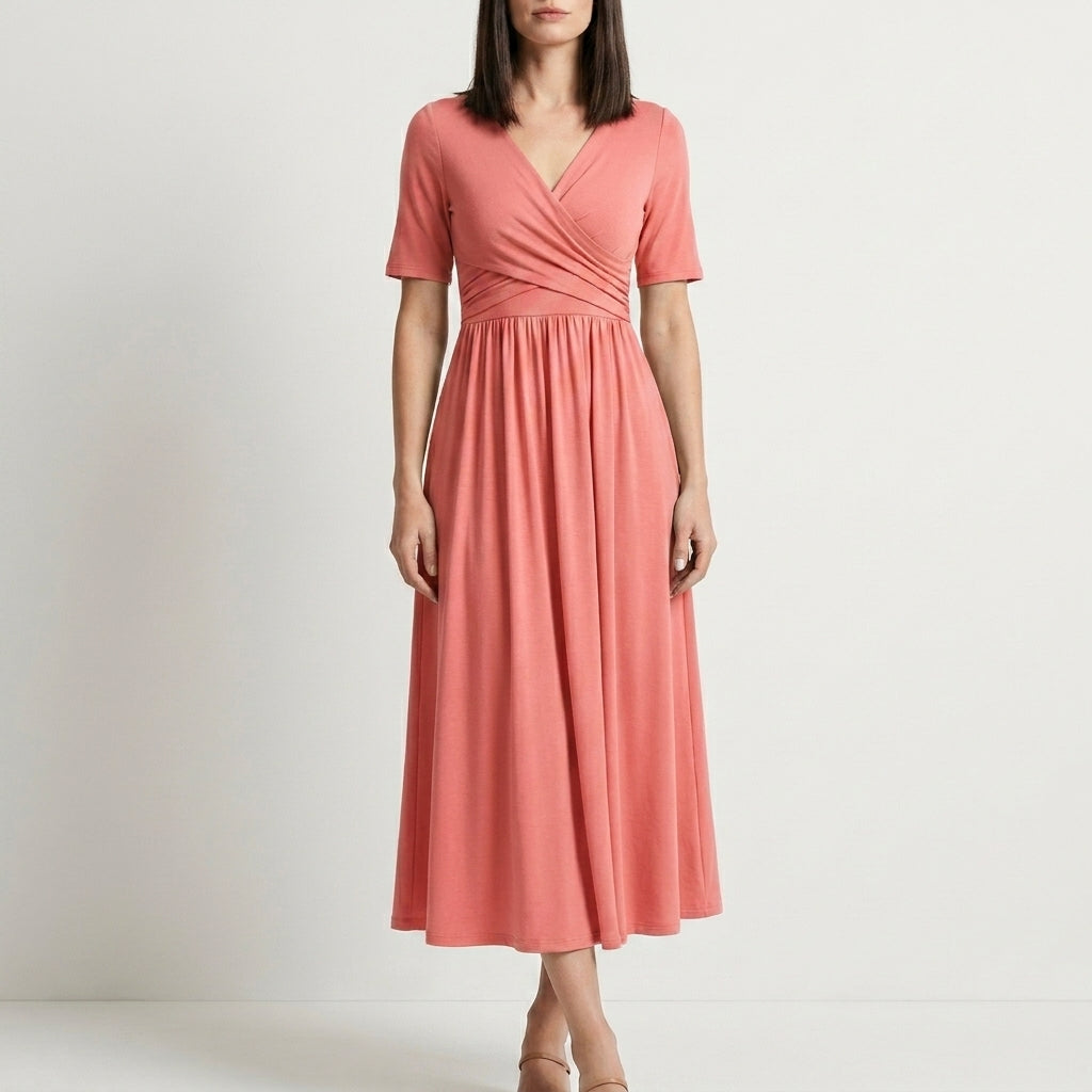 Flowing Wrap Front Midi Dress with Defined Empire Waist