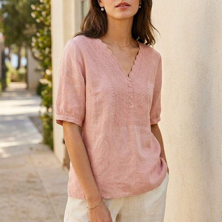 Relaxed Embroidered V-Neck Blouse with Scalloped Trim