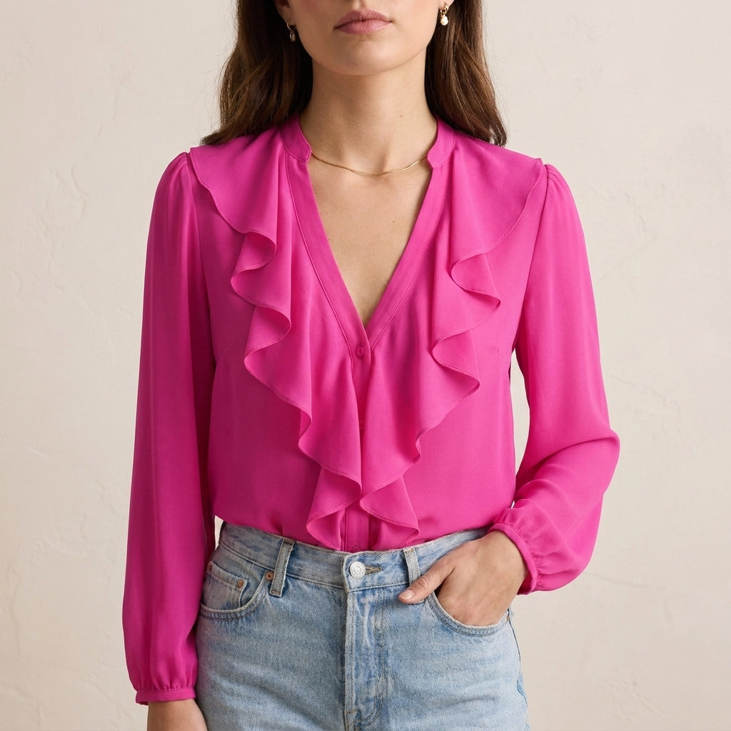 Elegant Chiffon Ruffle V-Neck Blouse with Bishop Sleeves for Smart Casual