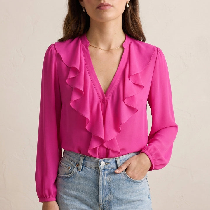 Elegant Chiffon Ruffle V-Neck Blouse with Bishop Sleeves for Smart Casual