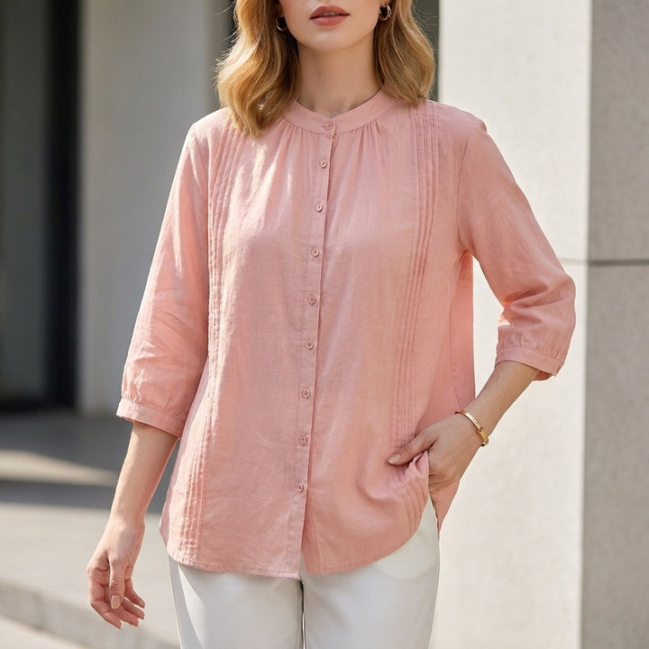 Relaxed Fit Blouse with Pintuck and Band Collar