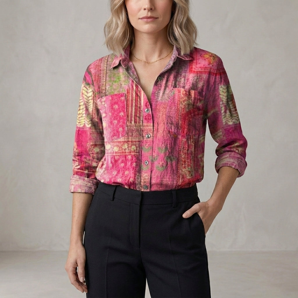 Relaxed Printed Button Front Blouse with Soft Collar and Long Sleeves