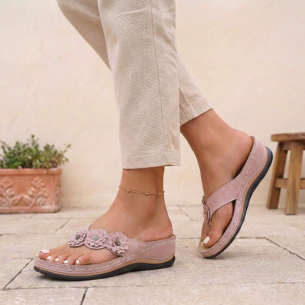 Elegant Wedge Thong Sandals with Floral Appliqués and Cushioned Footbed