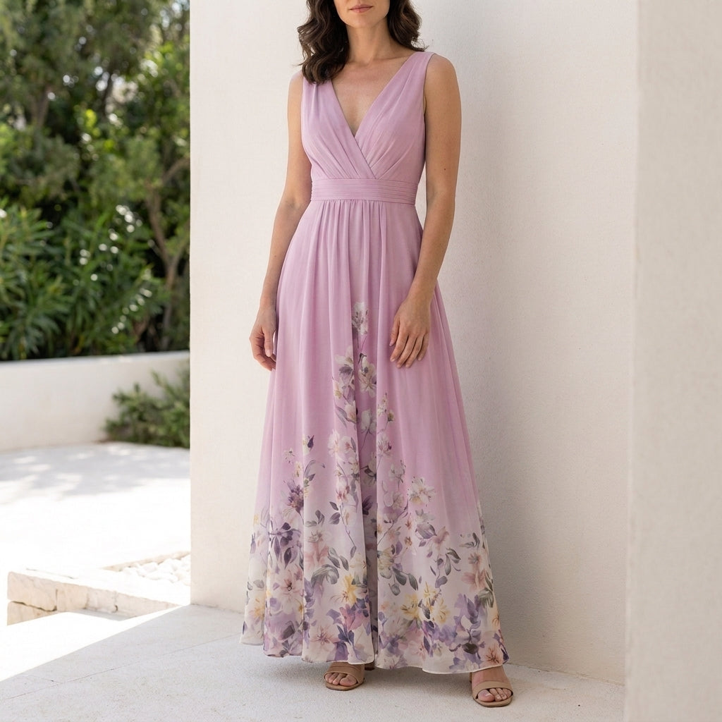 Floral Ombre Maxi Dress with Deep V Neck and Flowing Silhouette