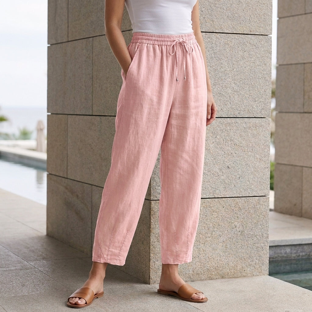 Relaxed Cropped Pants with Gathered Waist and Side Slits