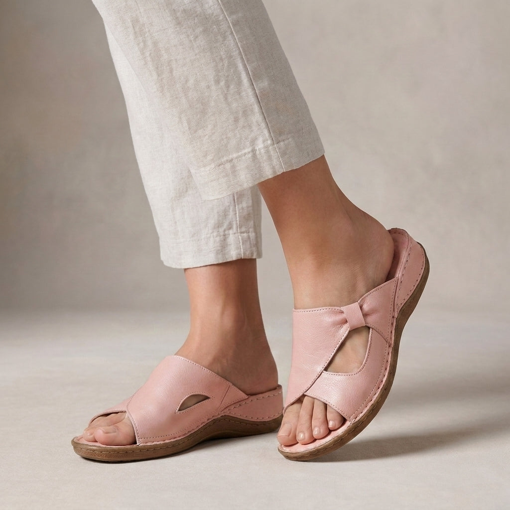 Orthopedic Slide Sandals with Bow-Embellished Cut-Out Strap