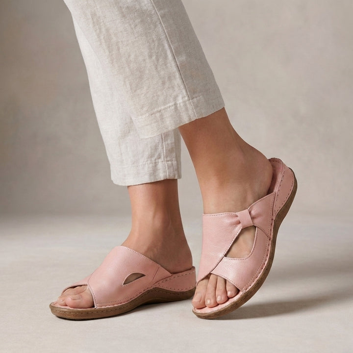 Orthopedic Slide Sandals with Bow-Embellished Cut-Out Strap