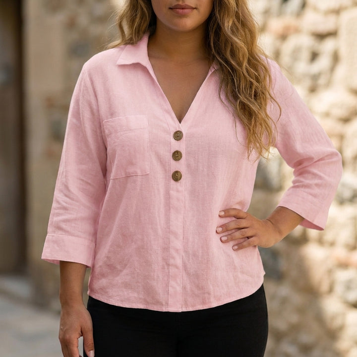 Relaxed Button Detail Blouse with Open Collar Neckline