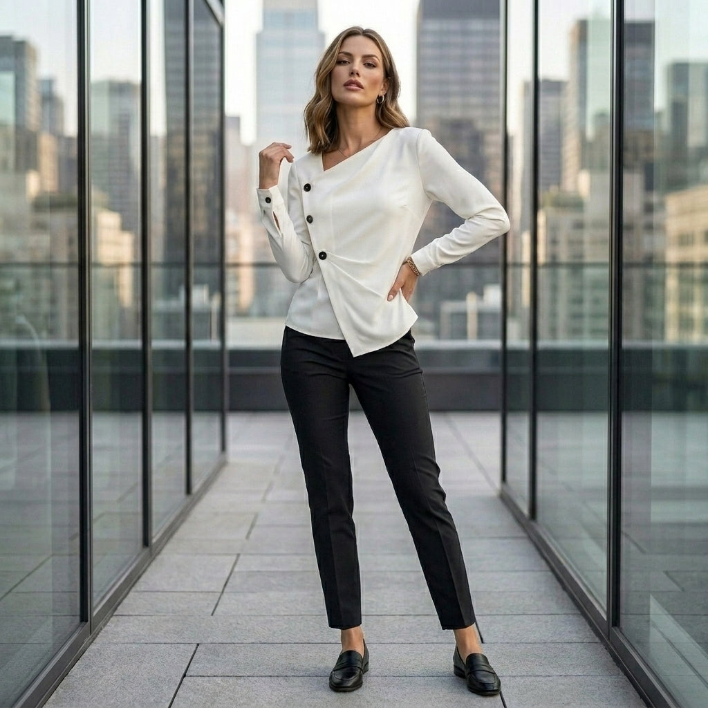 Chiffon Long-Sleeve Blouse with Draped Asymmetric Neckline and Button Detail