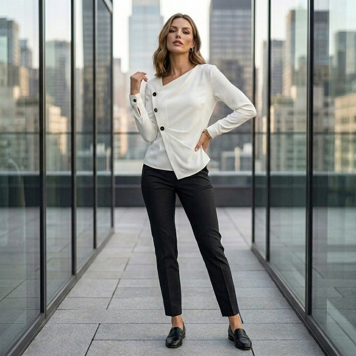 Chiffon Long-Sleeve Blouse with Draped Asymmetric Neckline and Button Detail