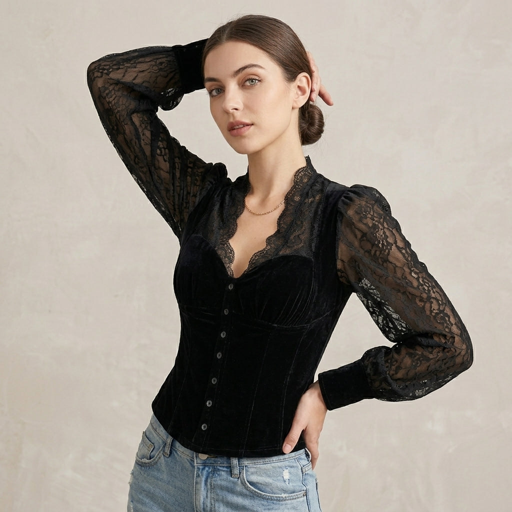 Fitted Velvet Lace Blouse with Sheer Sleeves and Button Front