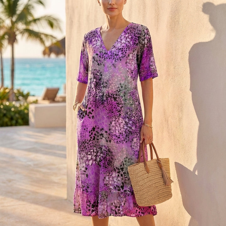 Chiffon Knee-Length V-Neck Dress with Lace Trim and Gathered Waist