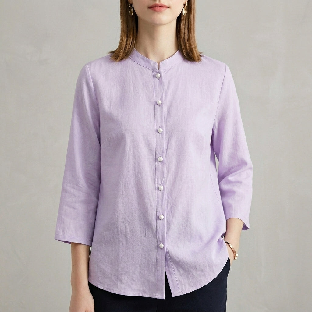 Relaxed Button Front Blouse with Mandarin Collar