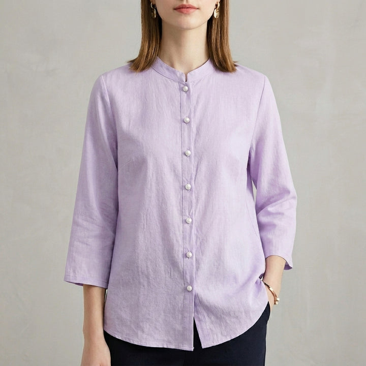 Relaxed Button Front Blouse with Mandarin Collar