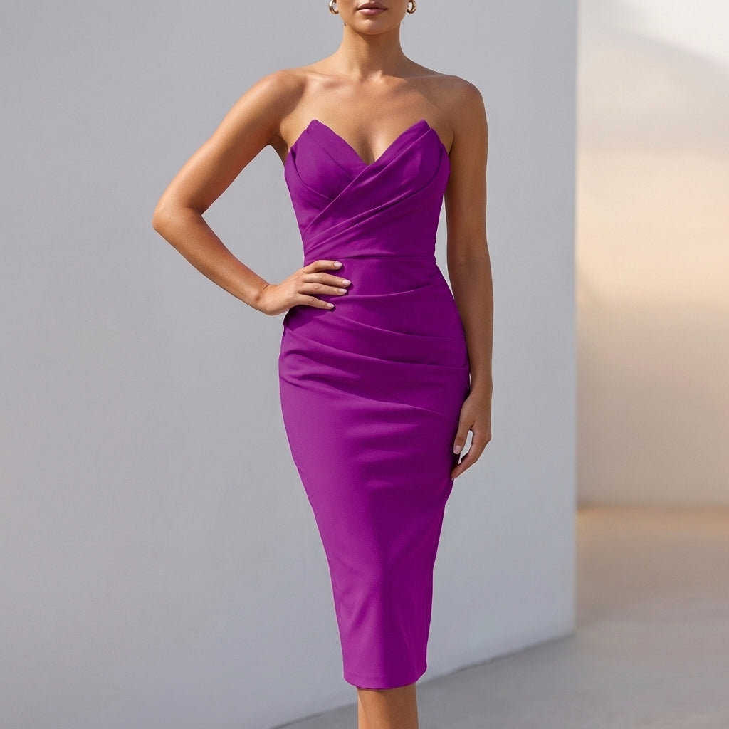 Strapless Ruched Midi Dress with Sculpted Sweetheart Neckline