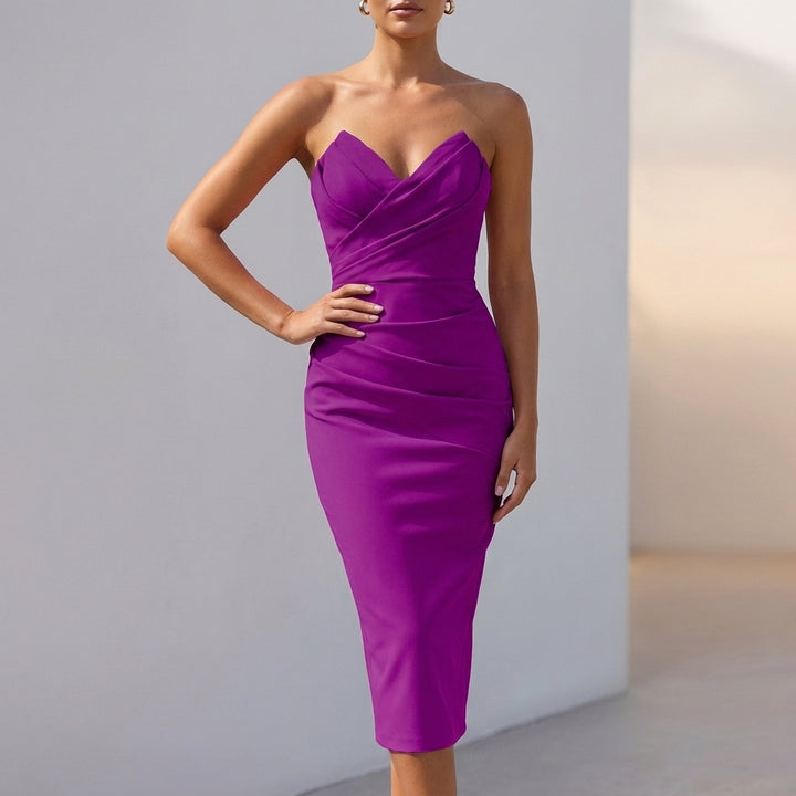 Strapless Ruched Midi Dress with Sculpted Sweetheart Neckline