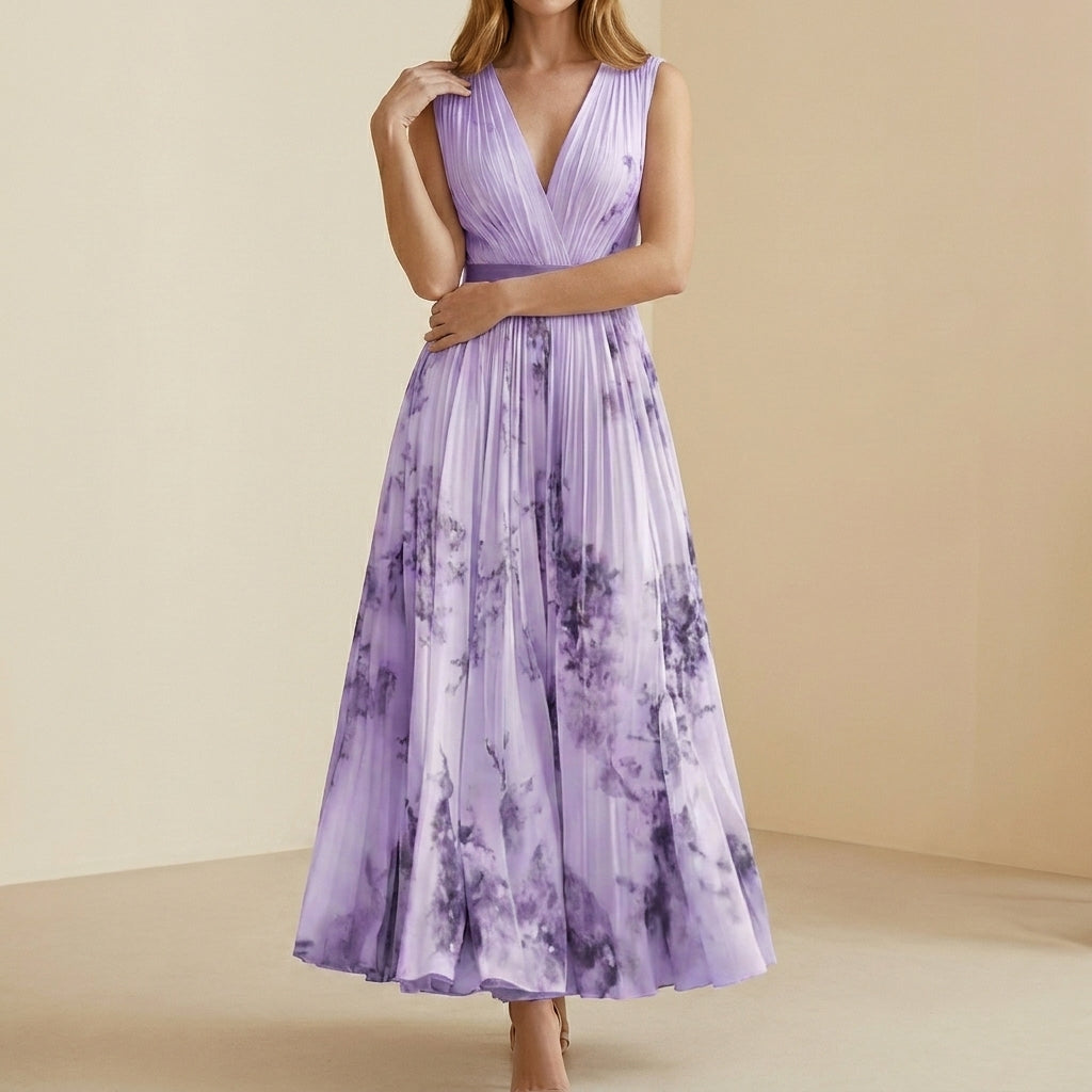 Pleated Floral Midi Dress with Deep V Neckline and Waist Accent
