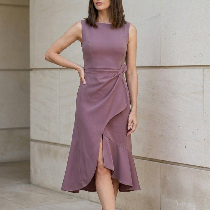 Elegant Sleeveless Midi Dress with Draped Waist Detail and Asymmetrical Hem