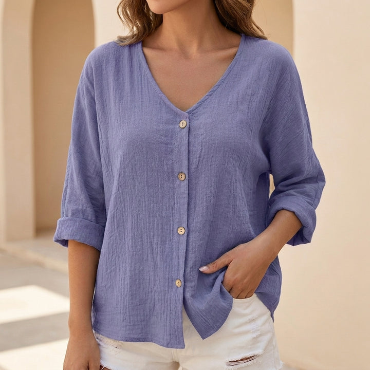 Relaxed V Neck Button Front Blouse with Rolled Three Quarter Sleeves
