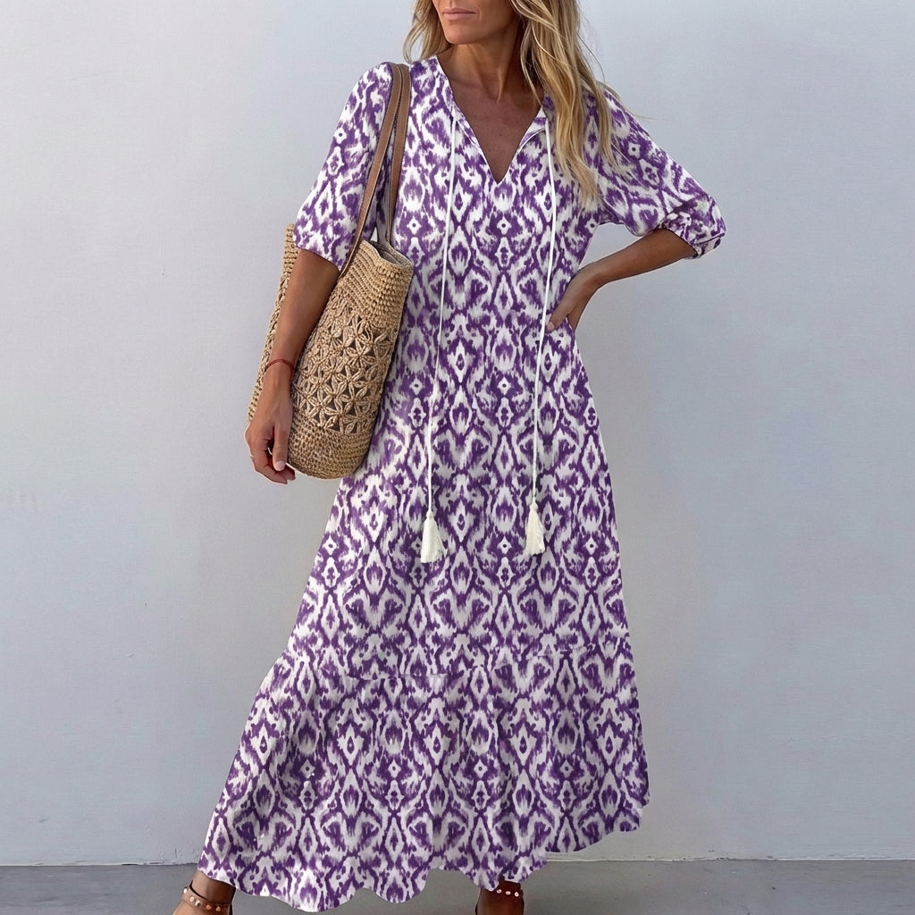Boho Printed Maxi Dress with Tassel Tie Neck and Tiered Skirt