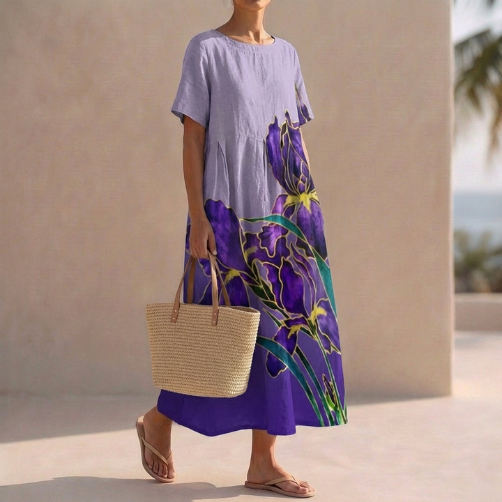 Floral Print Midi Dress with Relaxed Fit and Short Sleeves