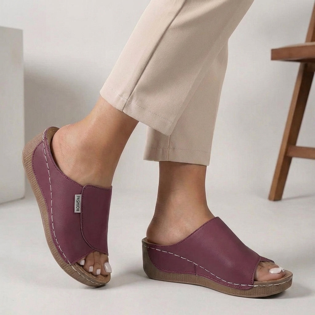 Open-Toe Wedge Sandals with Contrast Stitching