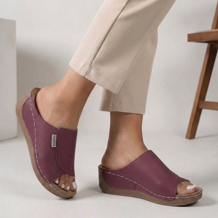 Open-Toe Wedge Sandals with Contrast Stitching