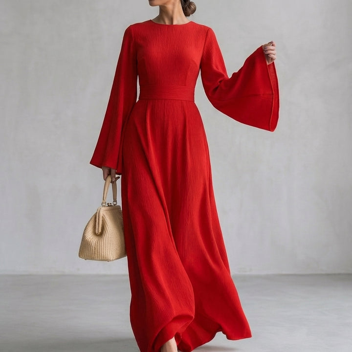 Flowing Maxi Dress with Draped Waist and Bell Sleeves