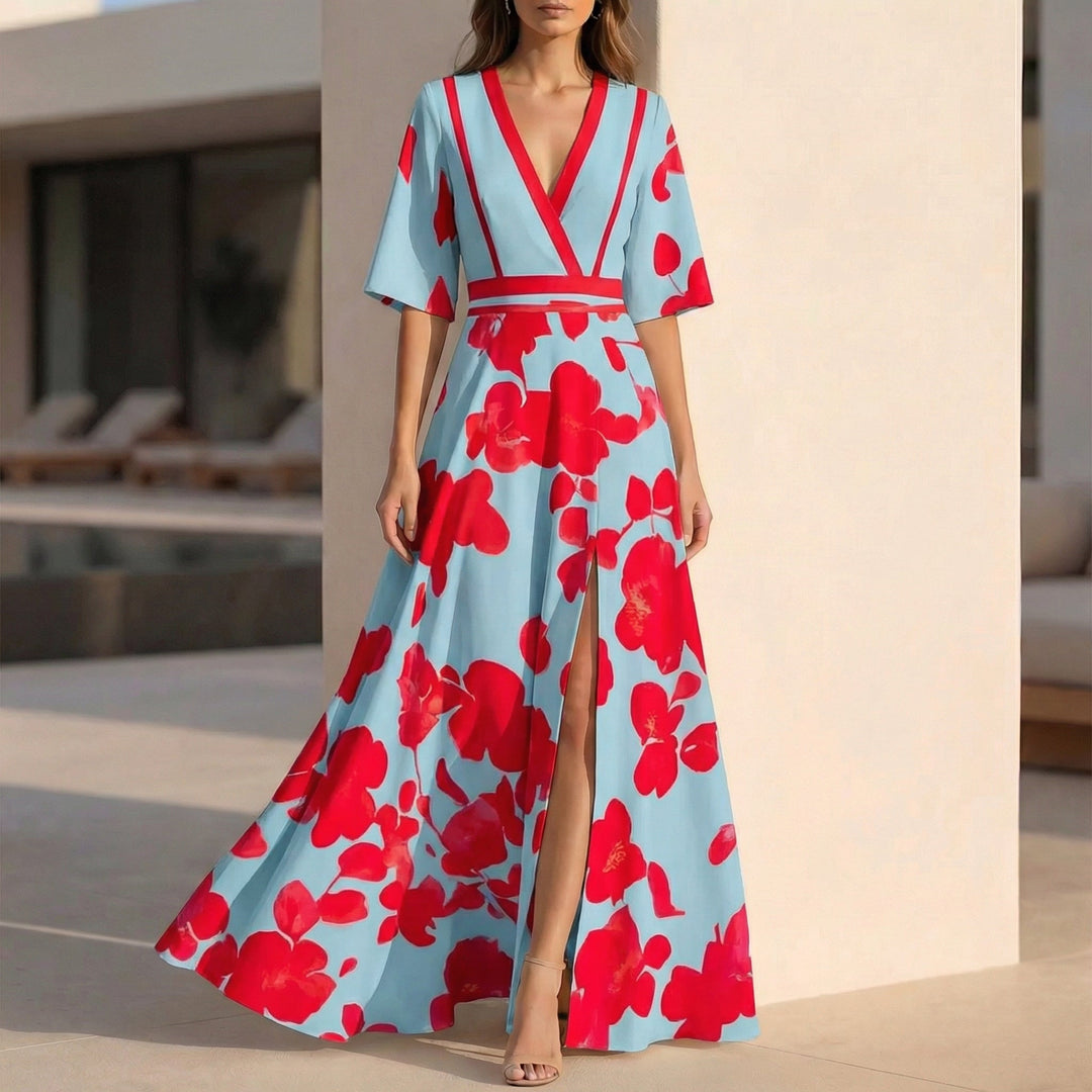 Flowing Floral Maxi Dress with Contrast Wrap Bodice and Front Slit