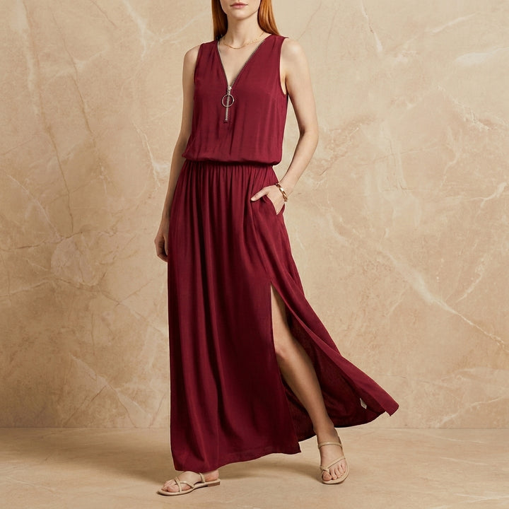 Flowing Sleeveless Maxi Dress with Zip Neckline and Side Slit Detail
