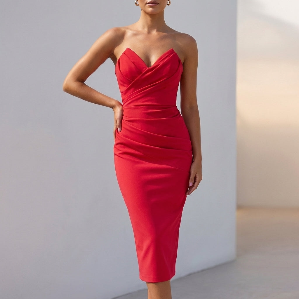 Strapless Ruched Midi Dress with Sculpted Sweetheart Neckline