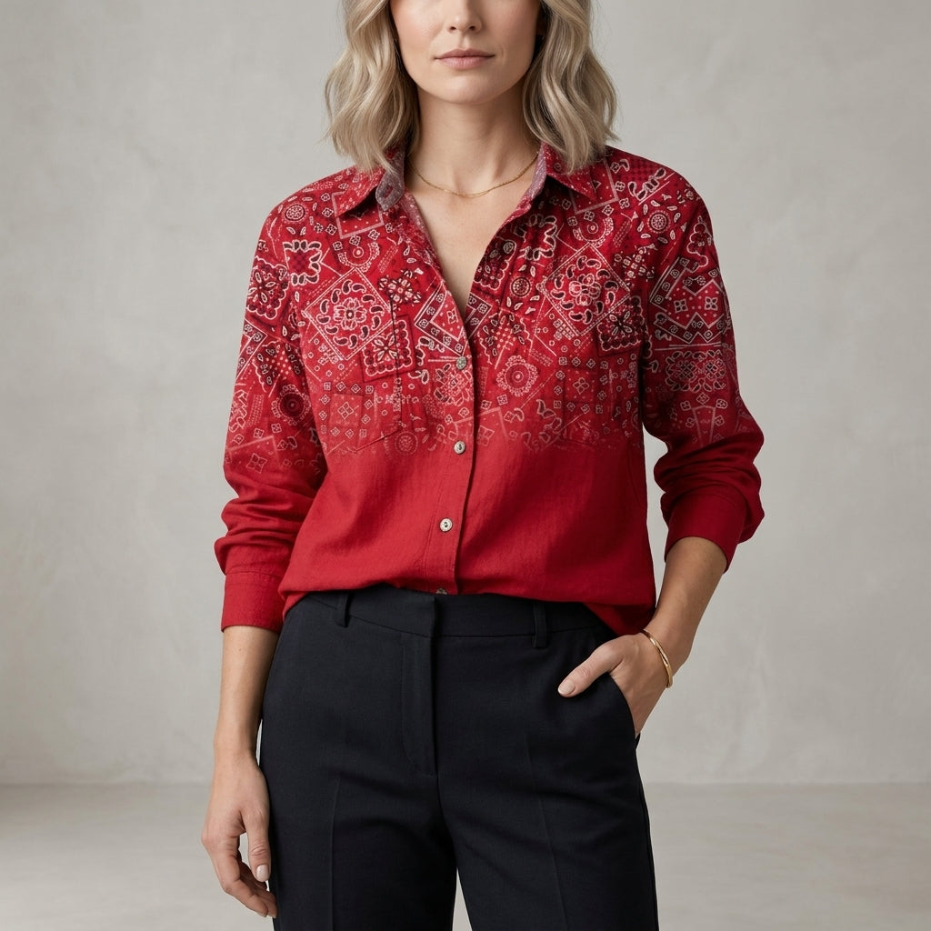 Relaxed Printed Button Front Blouse with Soft Collar and Long Sleeves