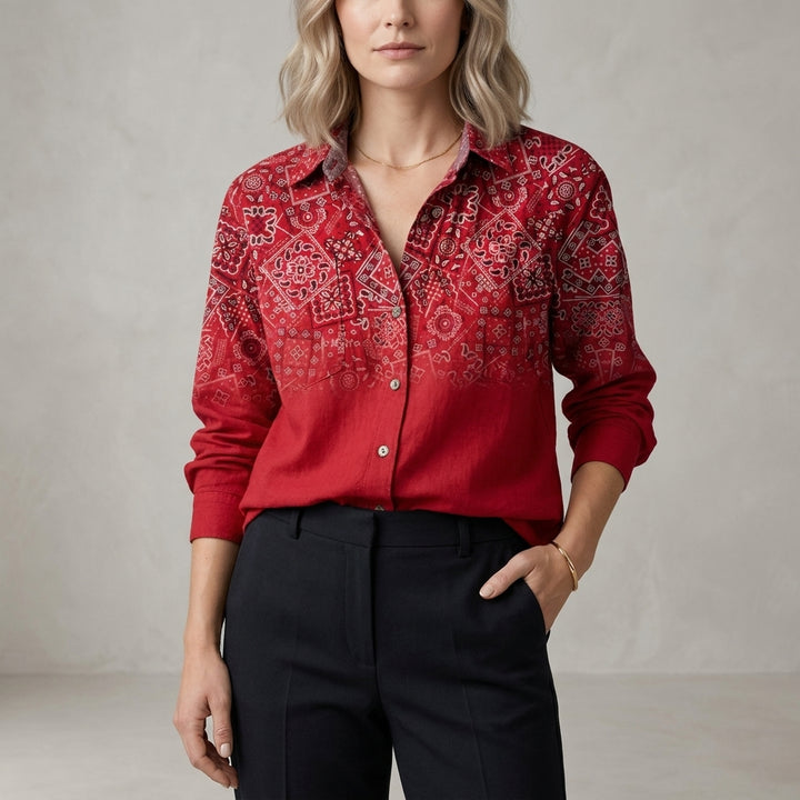 Relaxed Printed Button Front Blouse with Soft Collar and Long Sleeves