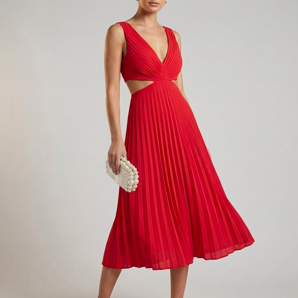A-Line Midi Dress with Pleated Skirt and Twist-Front Bodice