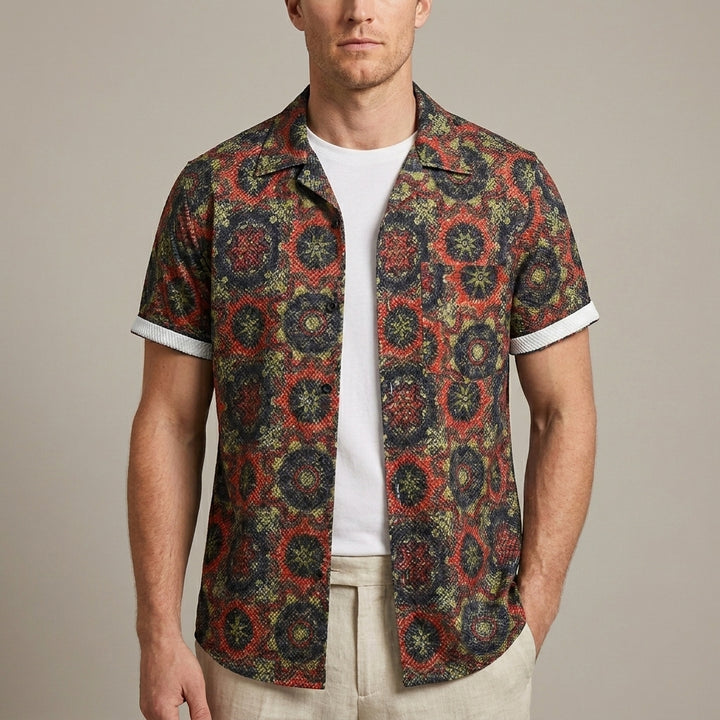 Relaxed Fit Geometric Print Camp Collar Shirt with Chest Pocket