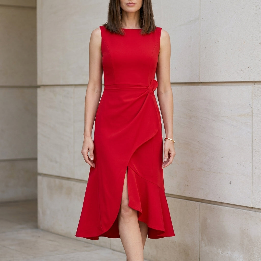 Elegant Sleeveless Midi Dress with Draped Waist Detail and Asymmetrical Hem