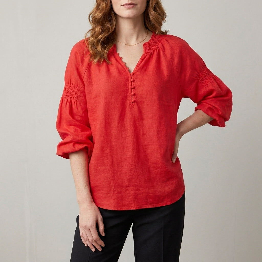 Relaxed Peasant Blouse with Gathered Neckline and Balloon Sleeves
