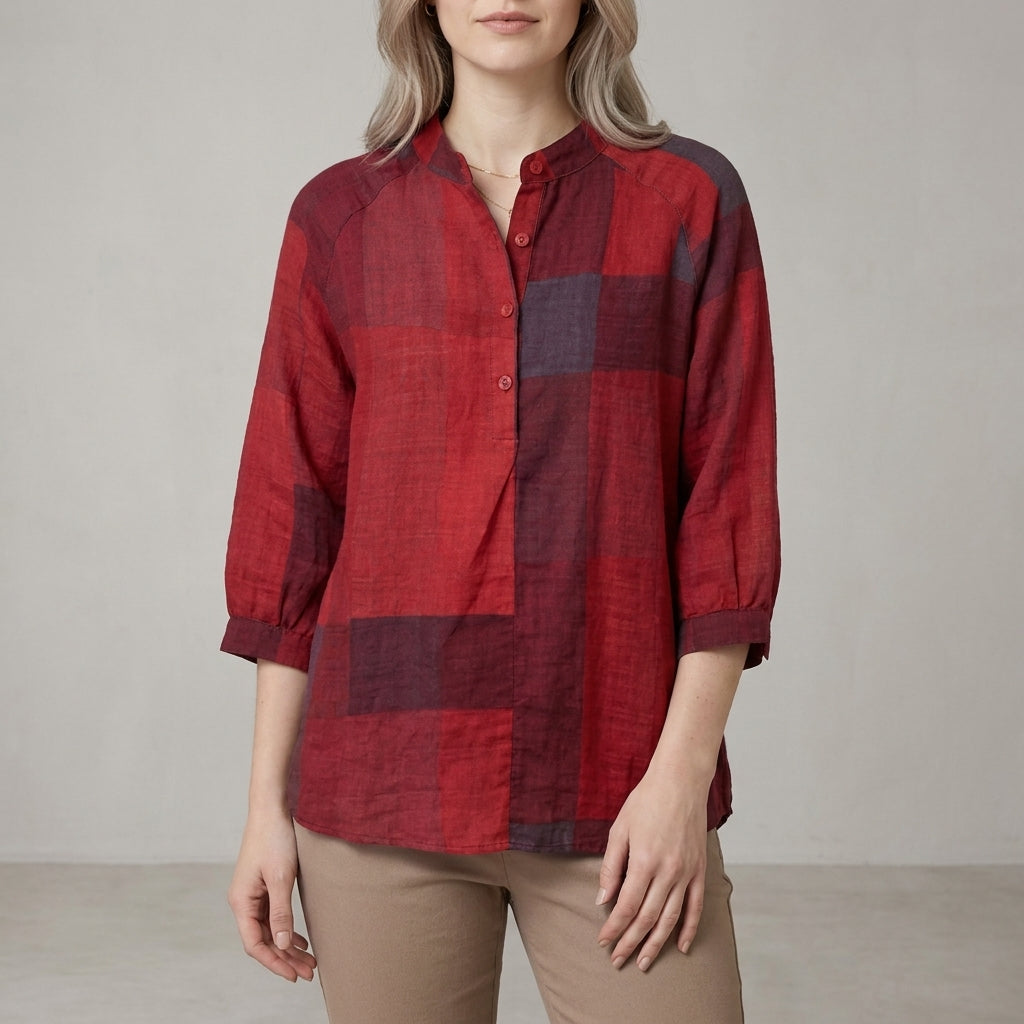 Relaxed Patchwork Print Blouse with Mandarin Collar and Button Front