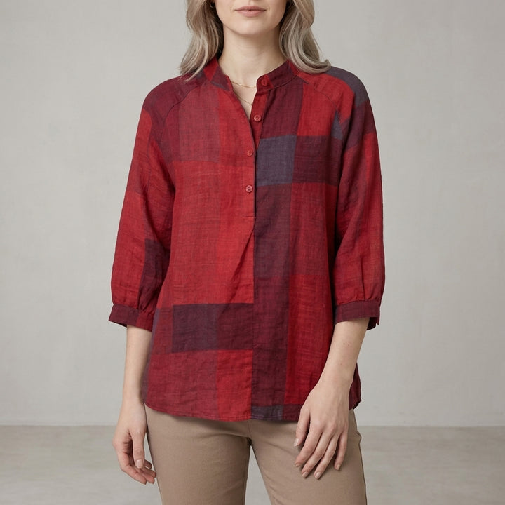 Relaxed Patchwork Print Blouse with Mandarin Collar and Button Front